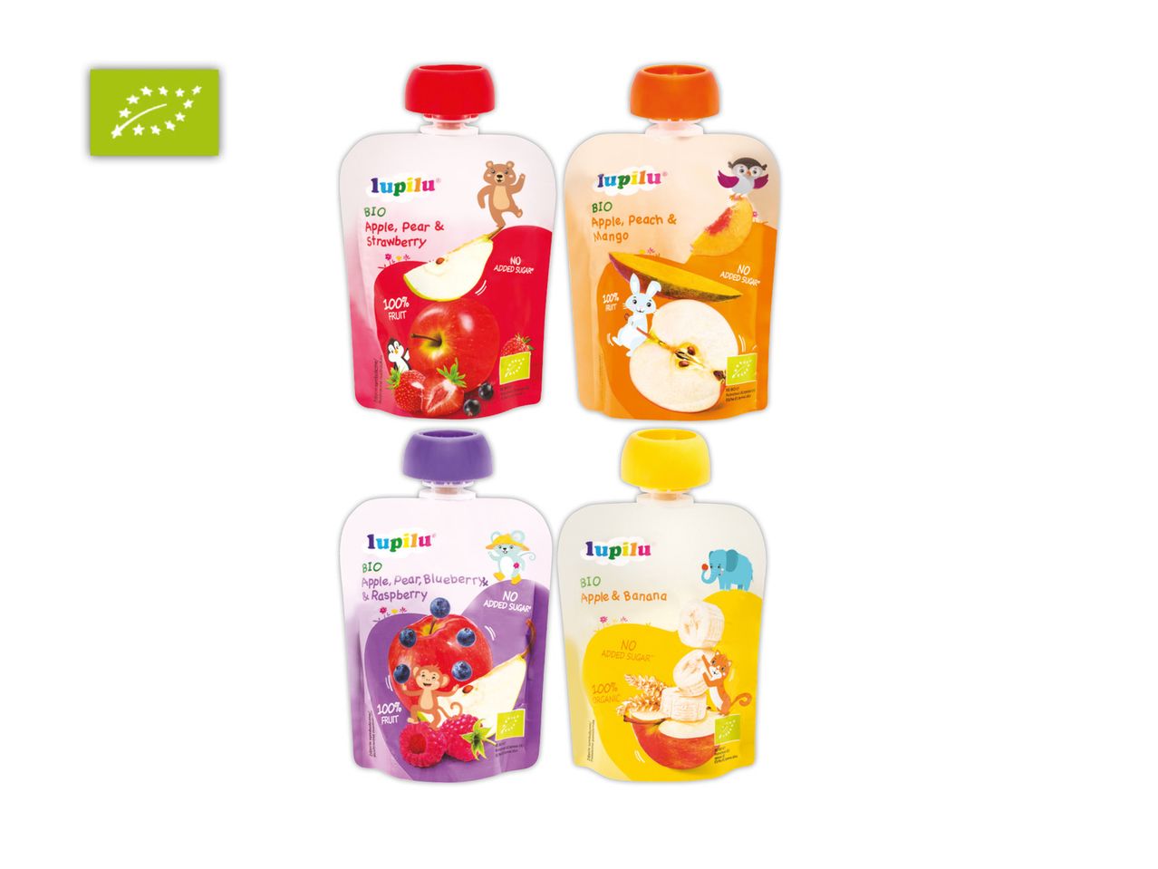 Lupilu bio vaisių tyrės: obuolys, kriaušė, braškė, persikai, mangas, mėlynės, avietės, bananas.