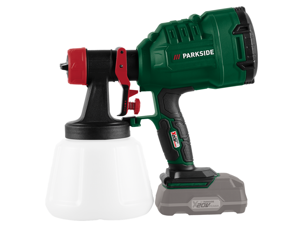 Pistola de pintura sem fio Parkside, com bateria e reservatório.