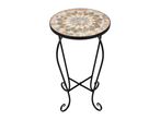 Round mosaic plant stand with a black wrought iron frame and curved legs