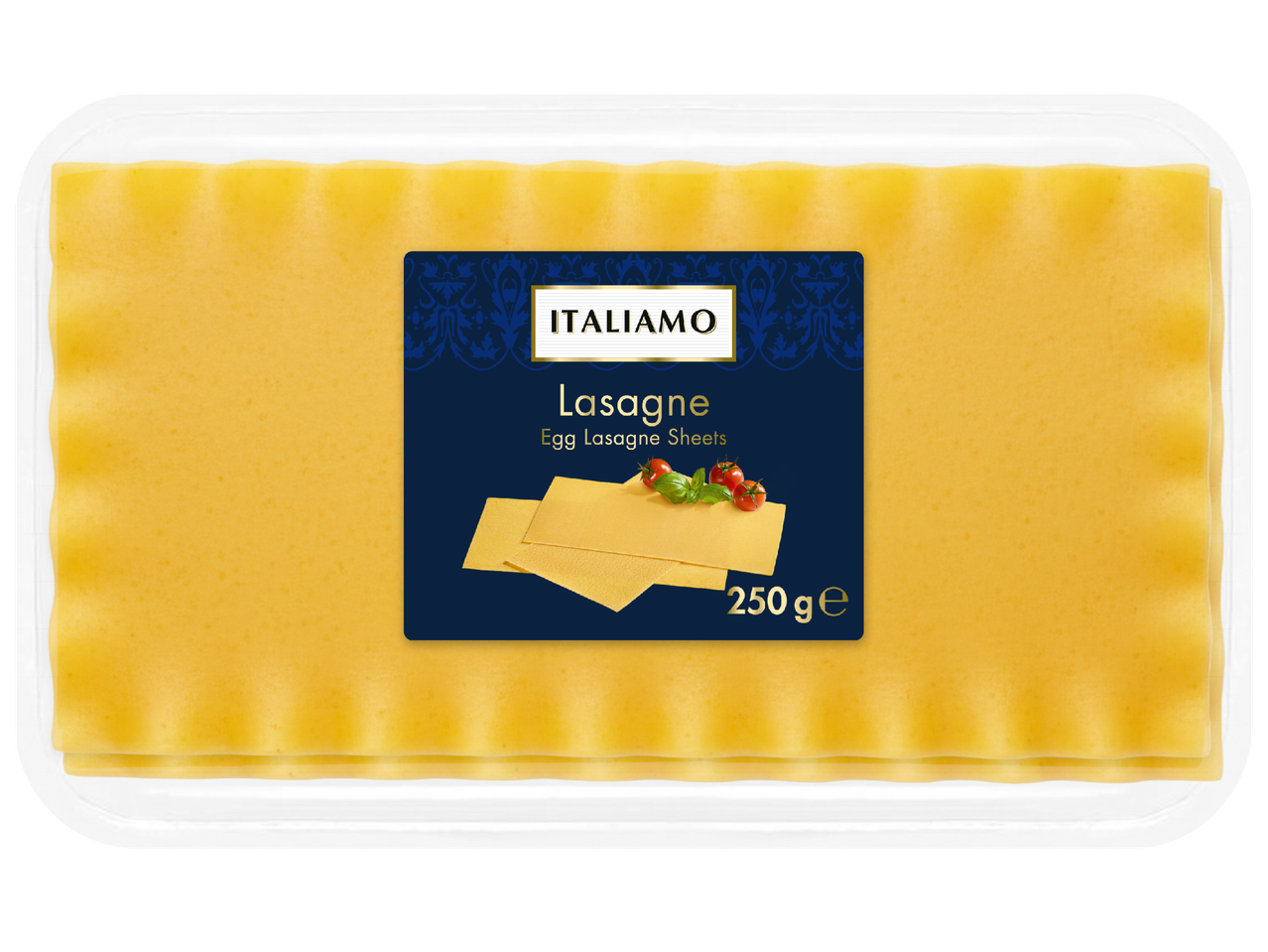 Опаковка с жълти кори за лазаня с надпис „Лазаня“ и „250 g℮“