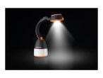 Black and orange camping lantern with a flexible neck, emitting a bright white light.