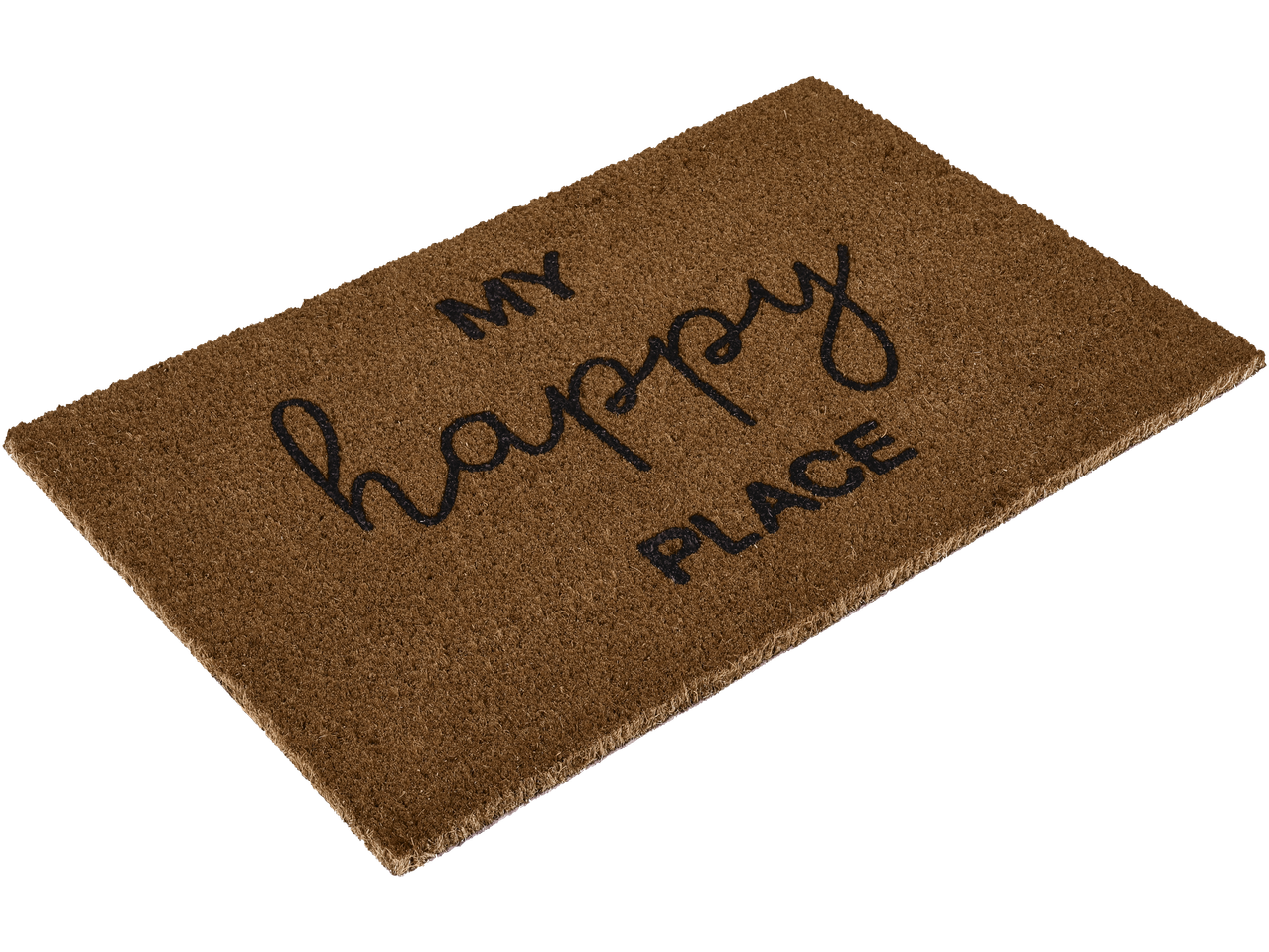 Capacho marrom com o texto 'MY happy PLACE' em preto.
