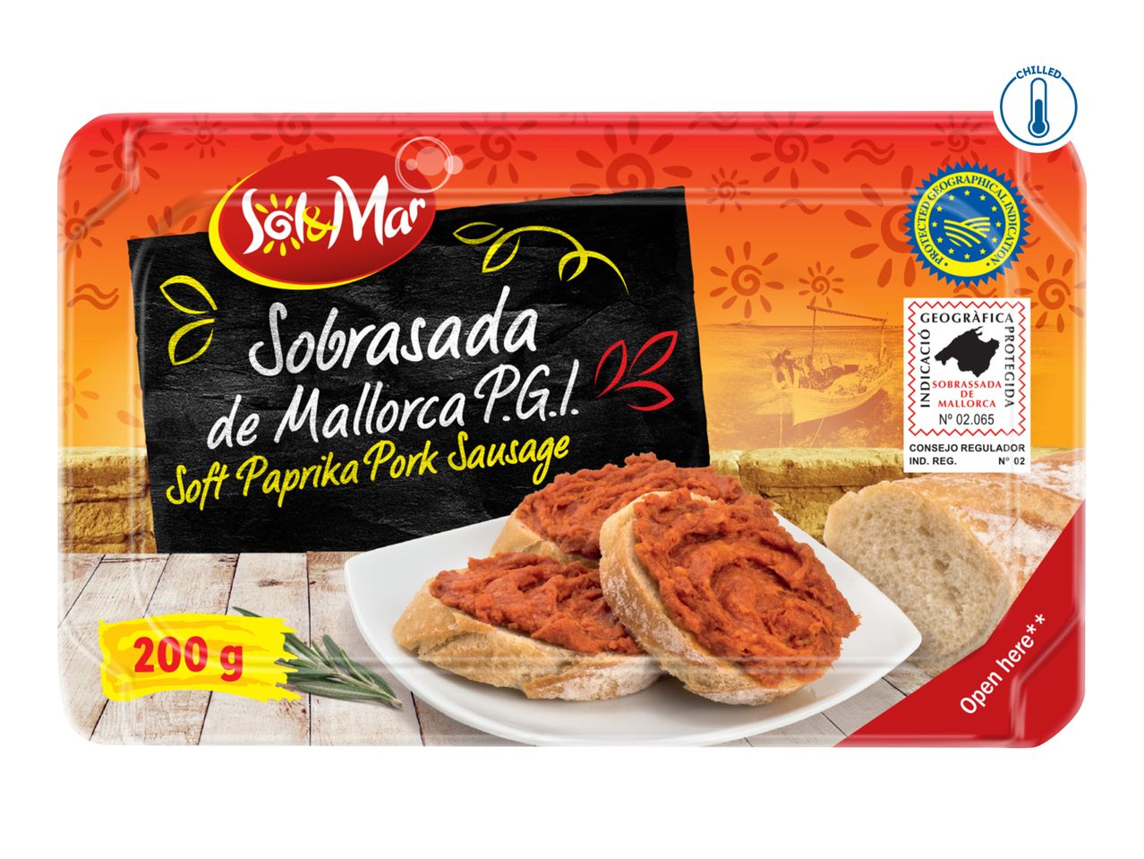 Packaging for Sol & Mar Sobrasada de Mallorca P.G.I. Soft Paprika Pork Sausage, 200g.