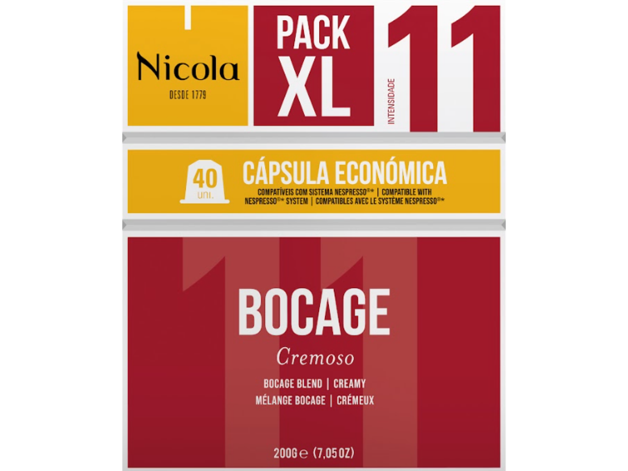Embalagem de café em cápsulas com 40 unidades, sabor cremoso, intensidade 11.