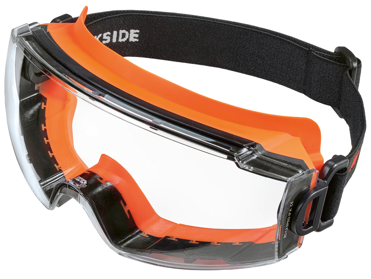 Предпазни очила с прозрачни лещи, оранжева рамка и черна регулируема лента за глава
