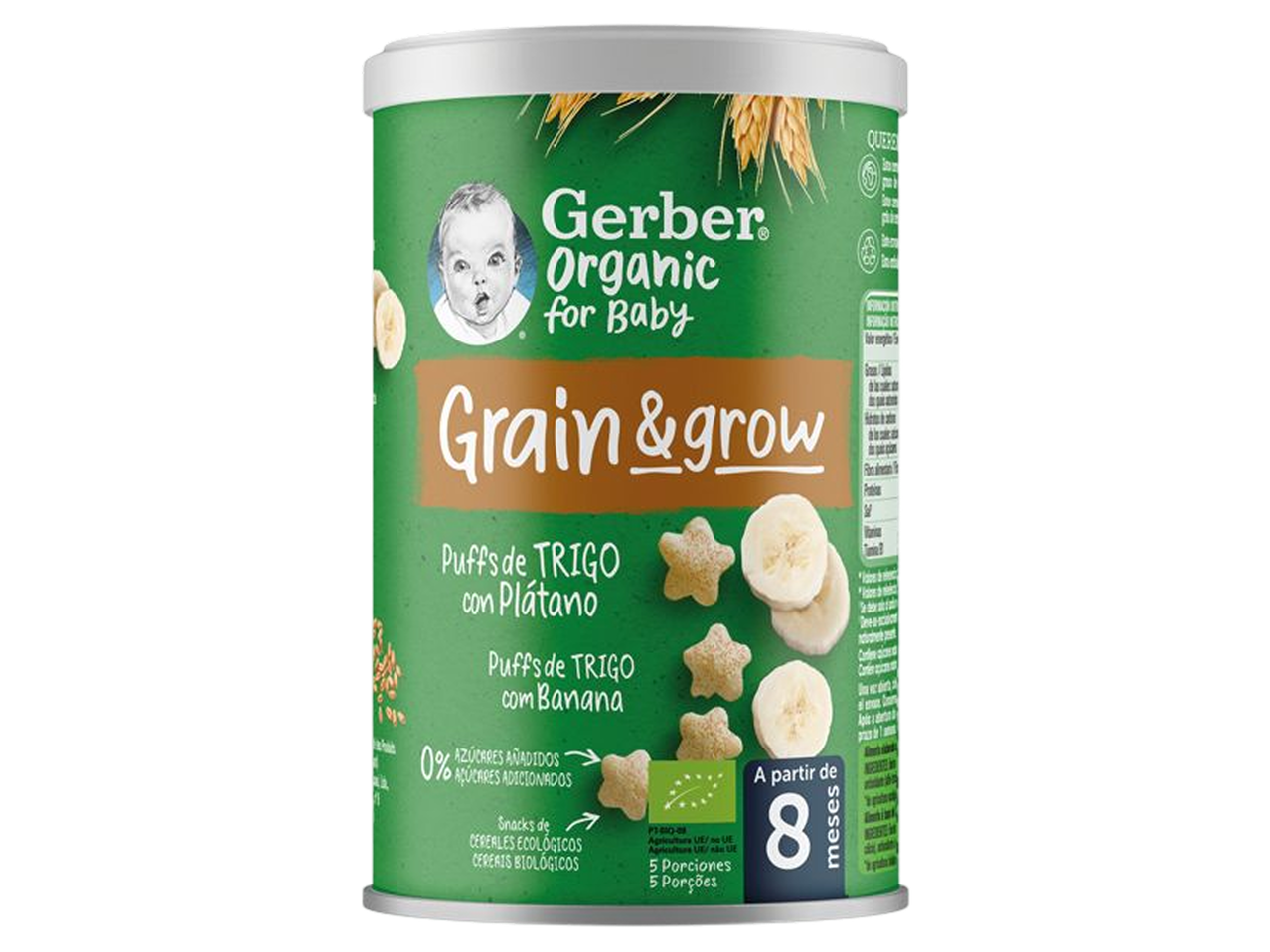 Embalagem de puffs de trigo e banana para bebé, com a indicação 'A partir de 8 meses'.