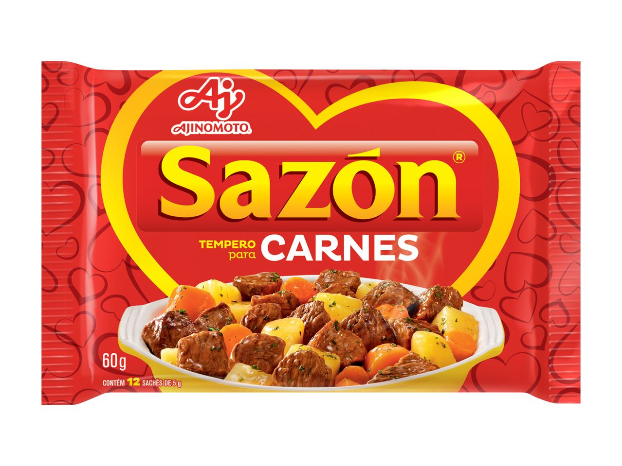 Red seasoning packet with a heart design, featuring a dish of meat and vegetables.