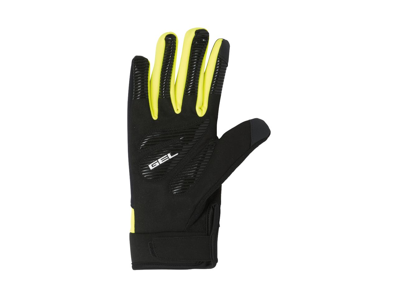 Black and yellow cycling glove with gel padding and touchscreen-compatible thumb.