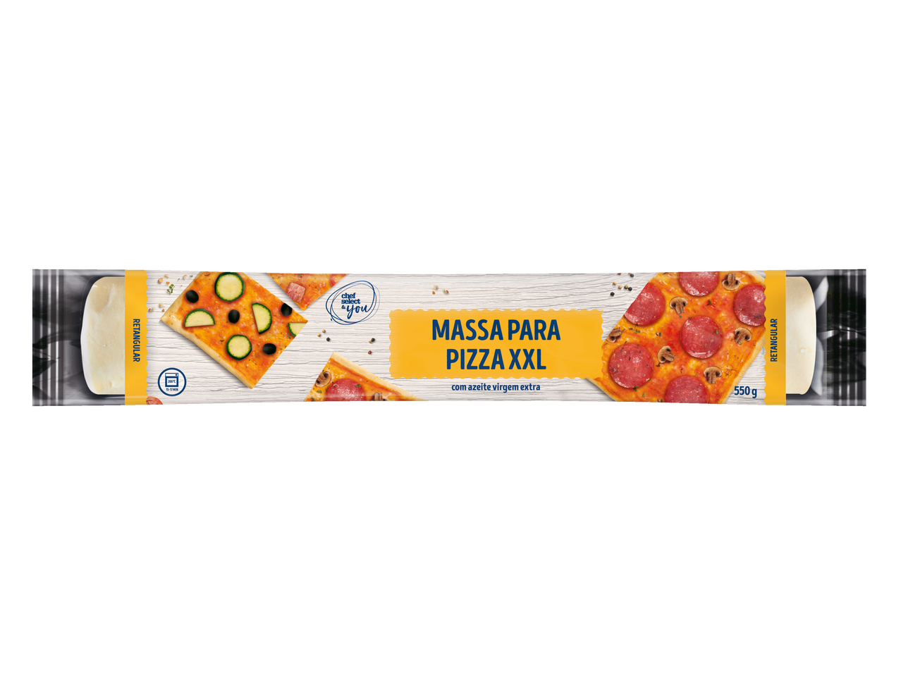 Massa para pizza XXL Chef Select & You (550g), retangular, com azeite virgem extra.