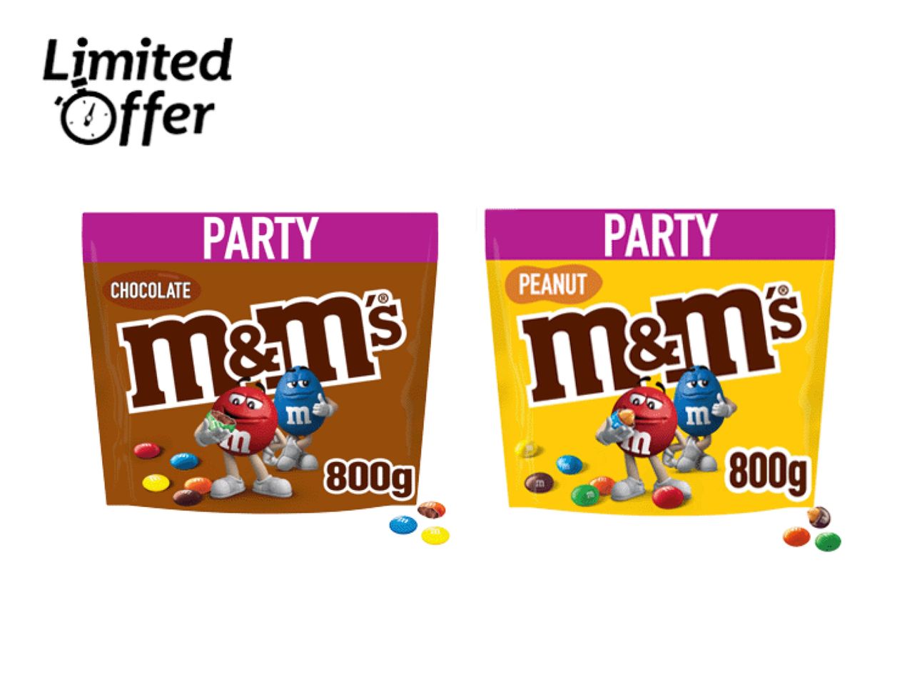 Limited offer for M&M's Party bags, featuring chocolate and peanut flavors, each 800g.