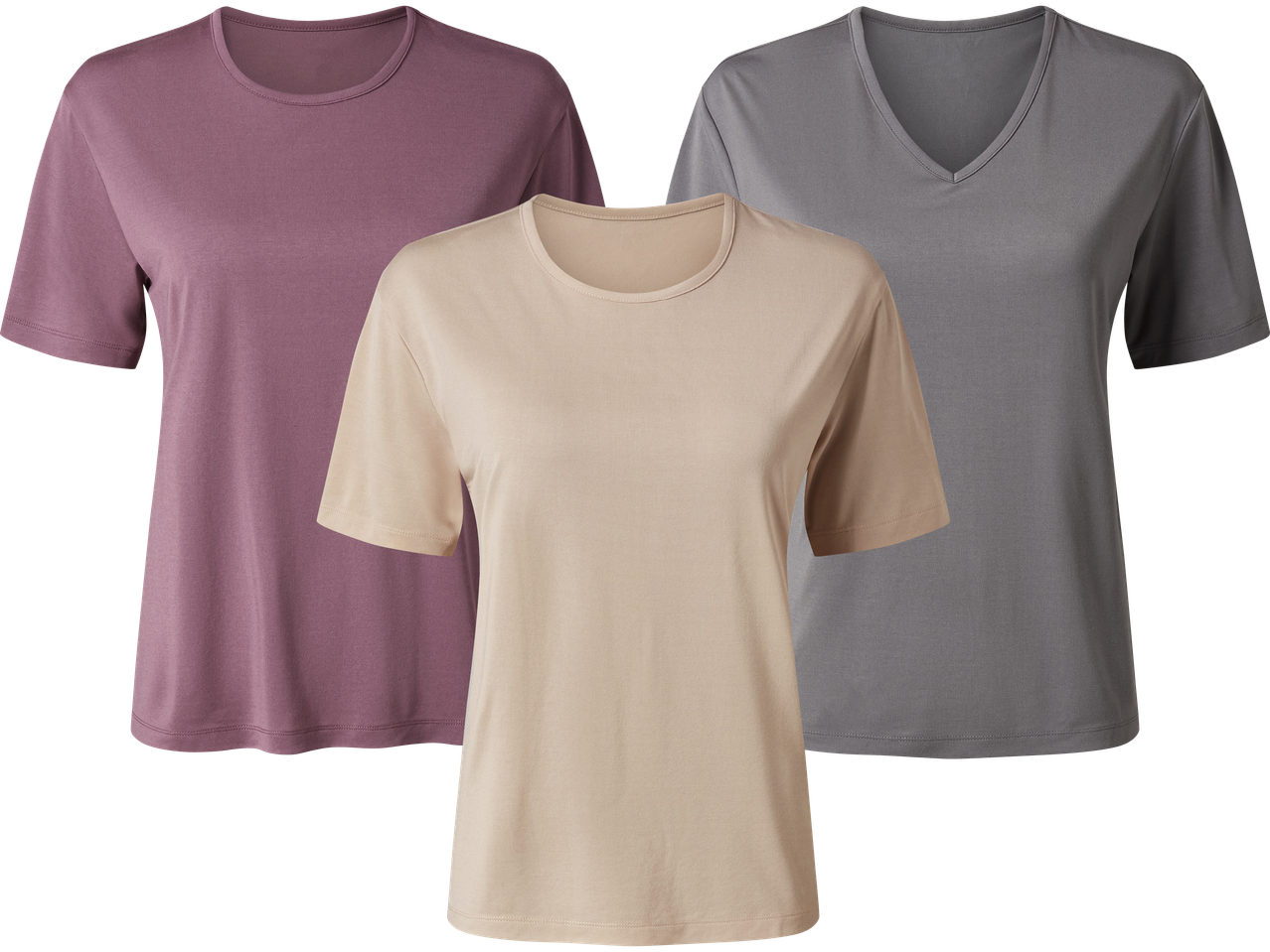 Tre t-shirts i olika färger: lila, beige och grå.