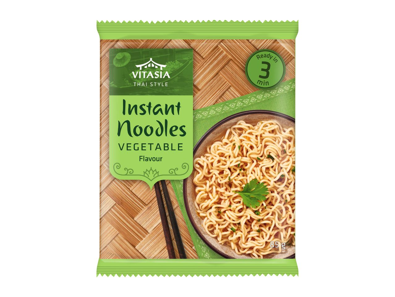 Instant noodles, vegetable flavour, ready in 3 minutes, 85g, Thai style packaging.