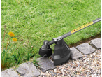 A grass trimmer cutting grass next to a stone path, with dandelions nearby.