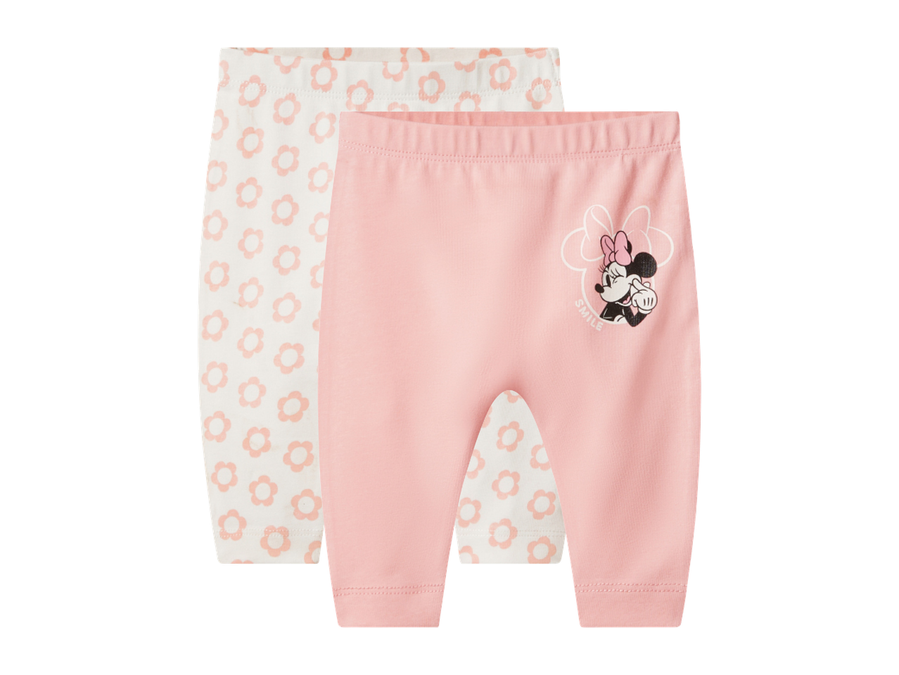 Два бебешки панталона: един розов с Мини Маус и един бял с флорални мотиви.