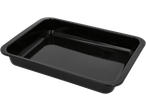Black rectangular enamel roasting tin with speckled finish.