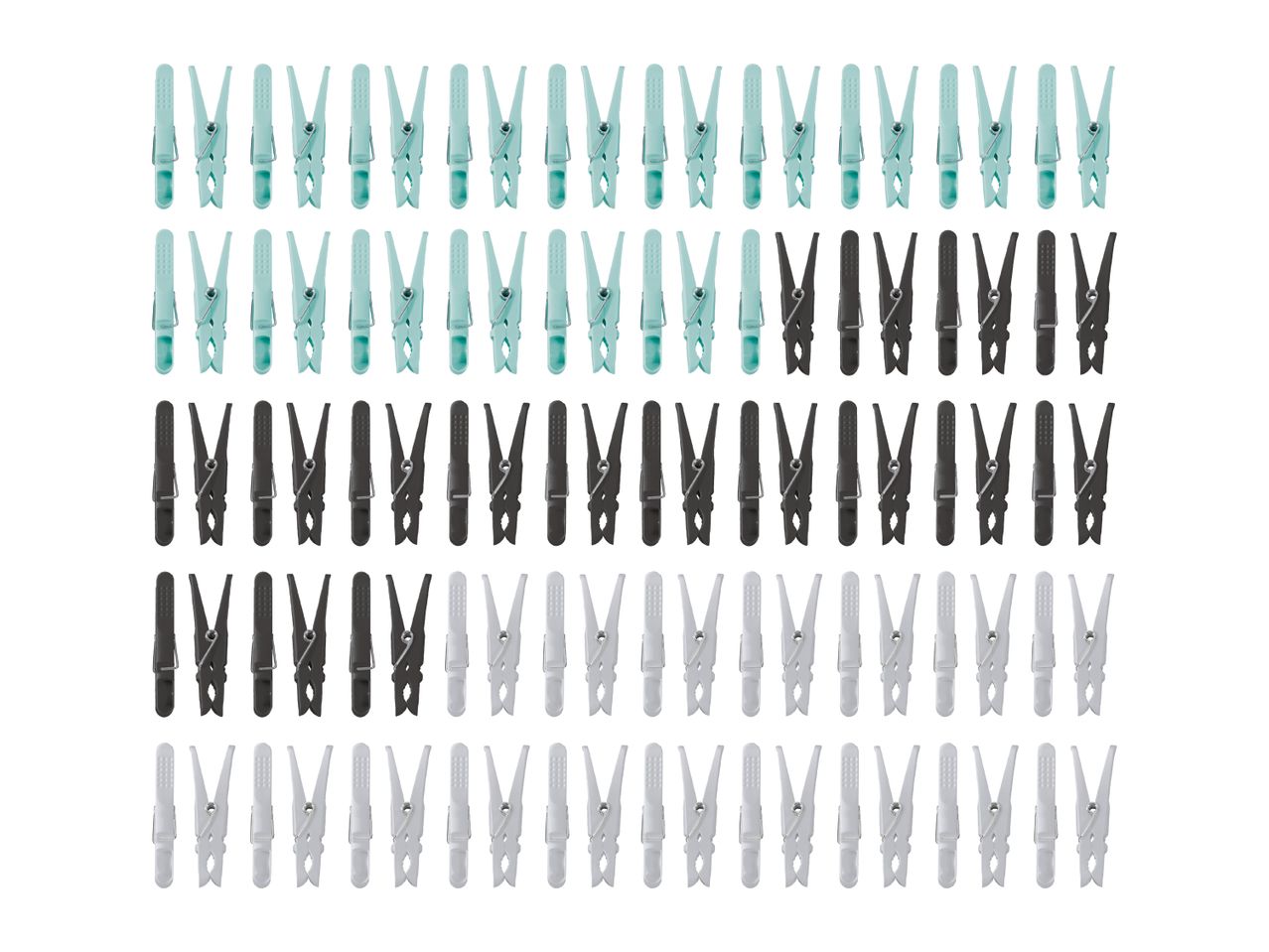 Rows of light blue, black, and white clothes pegs.