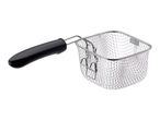Stainless steel deep fryer basket with a black handle, isolated on a white background.