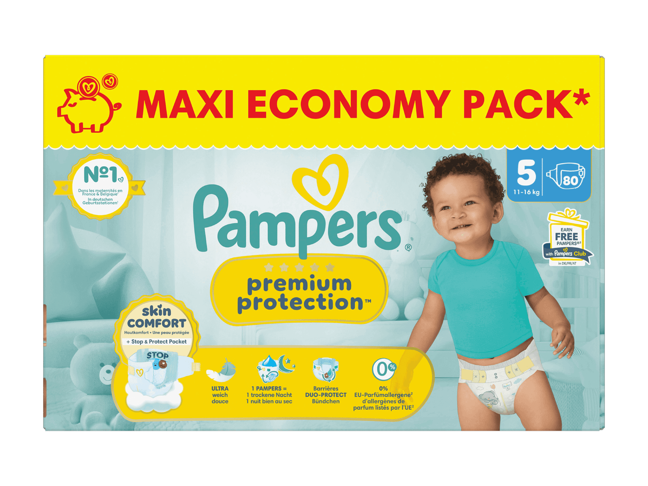 Pampers Premium Protection Maxi Economy Pack, Größe 5 (11-16 kg), 80 Windeln.