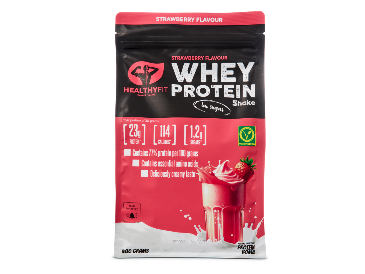 HealthyFit aardbei proteïnepoeder met 23g eiwit per portie.