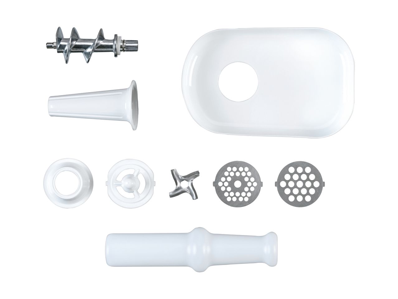 Meat grinder parts including auger, blades, and grinding plates.