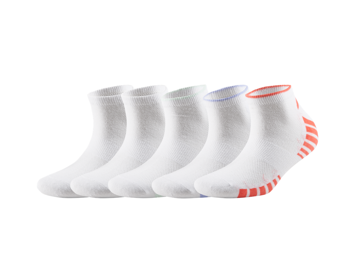 Cinci perechi de șosete albe cu detalii colorate.