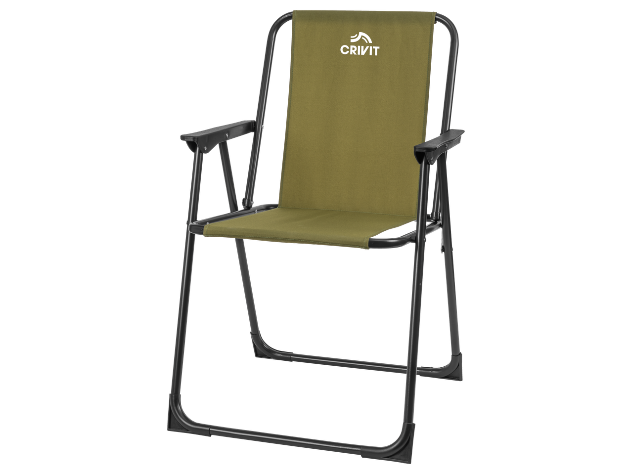 Green folding camping chair with a black frame