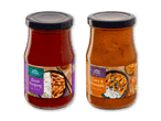 To glas wok-sauce: Ajam Pangang (indonesisk stil) og Curry & Pineapple (indisk stil).