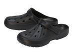 Pair of black clogs with ventilation holes and a movable heel strap.