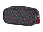 A dark gray pencil case with a red and white pattern.