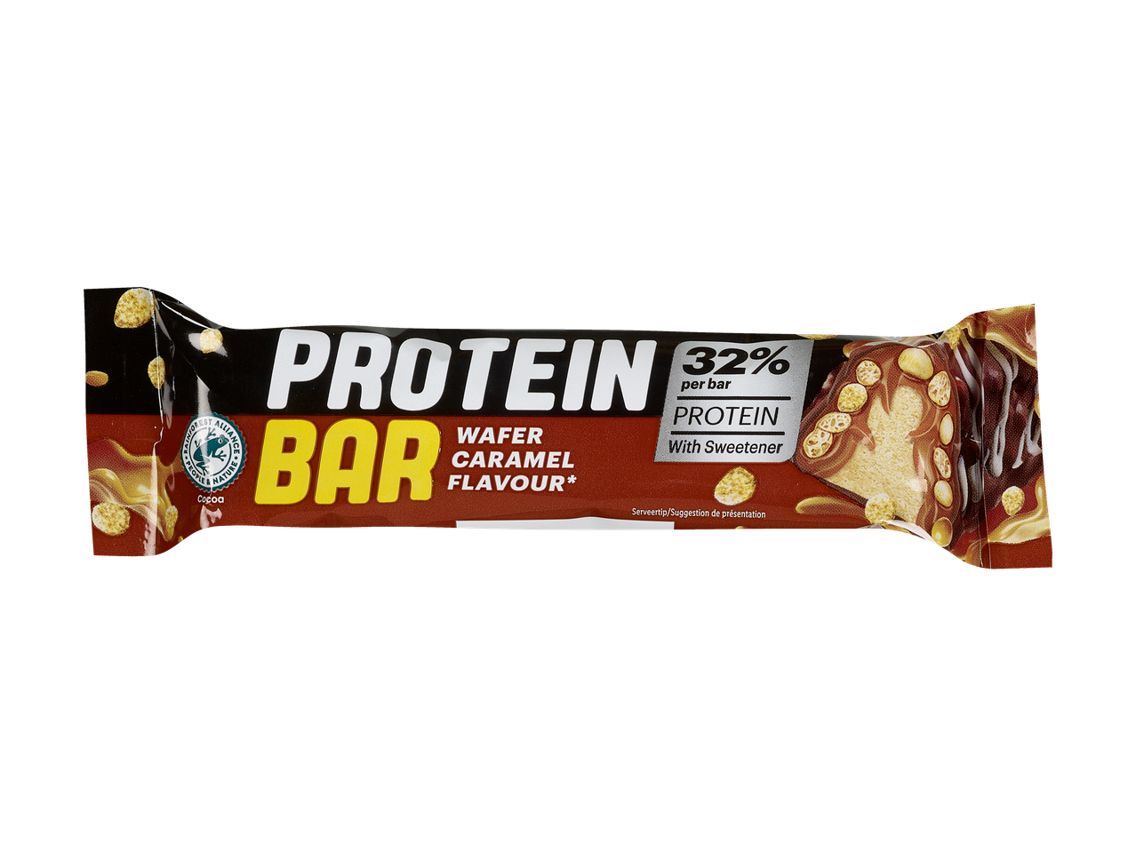 Barre protéinée saveur gaufrette caramel, 32% de protéines par barre, avec édulcorant
