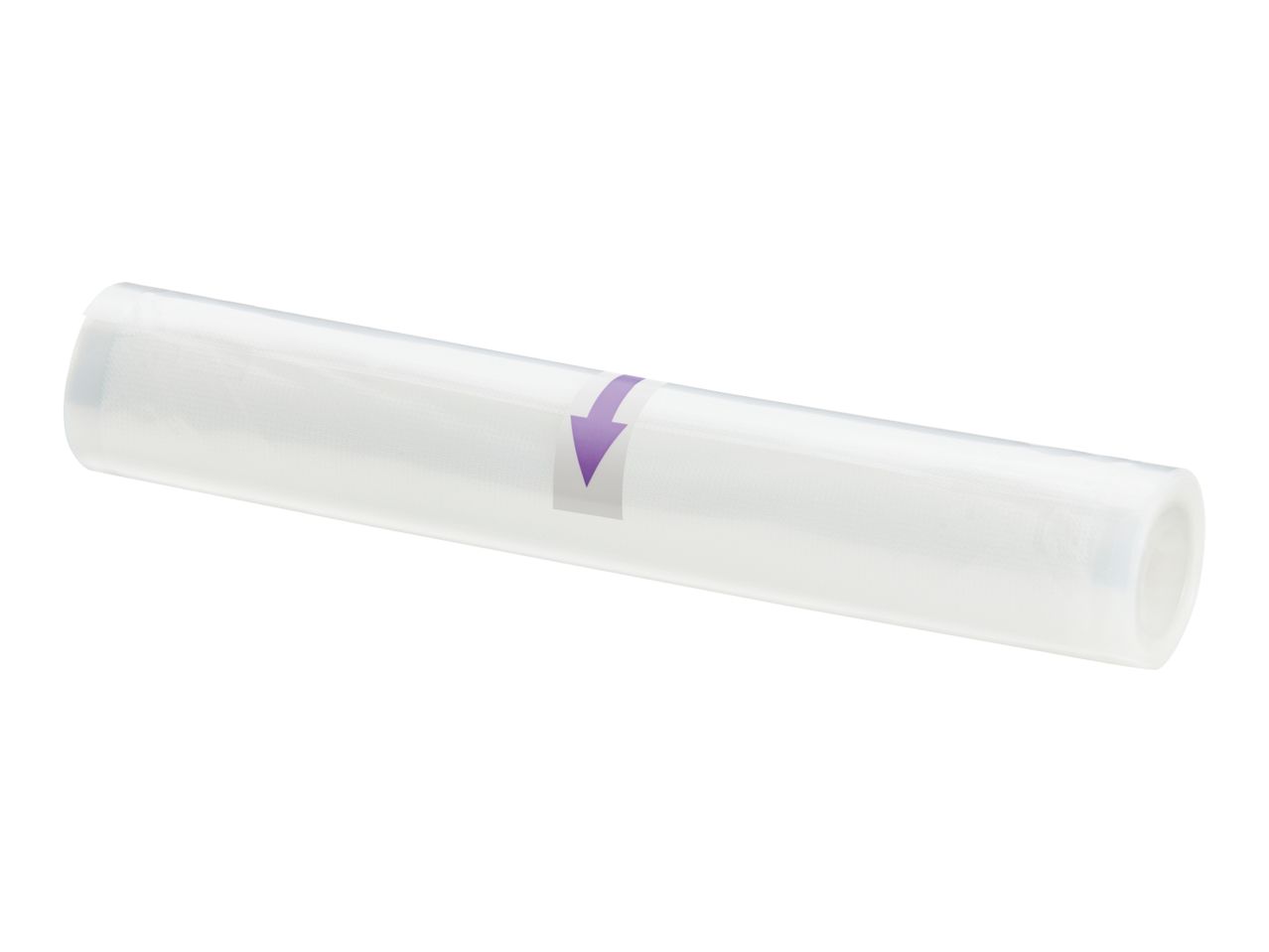 Transparent vacuum sealer film roll with a purple arrow indicator