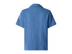 Blue short-sleeved shirt with a textured fabric, back view.