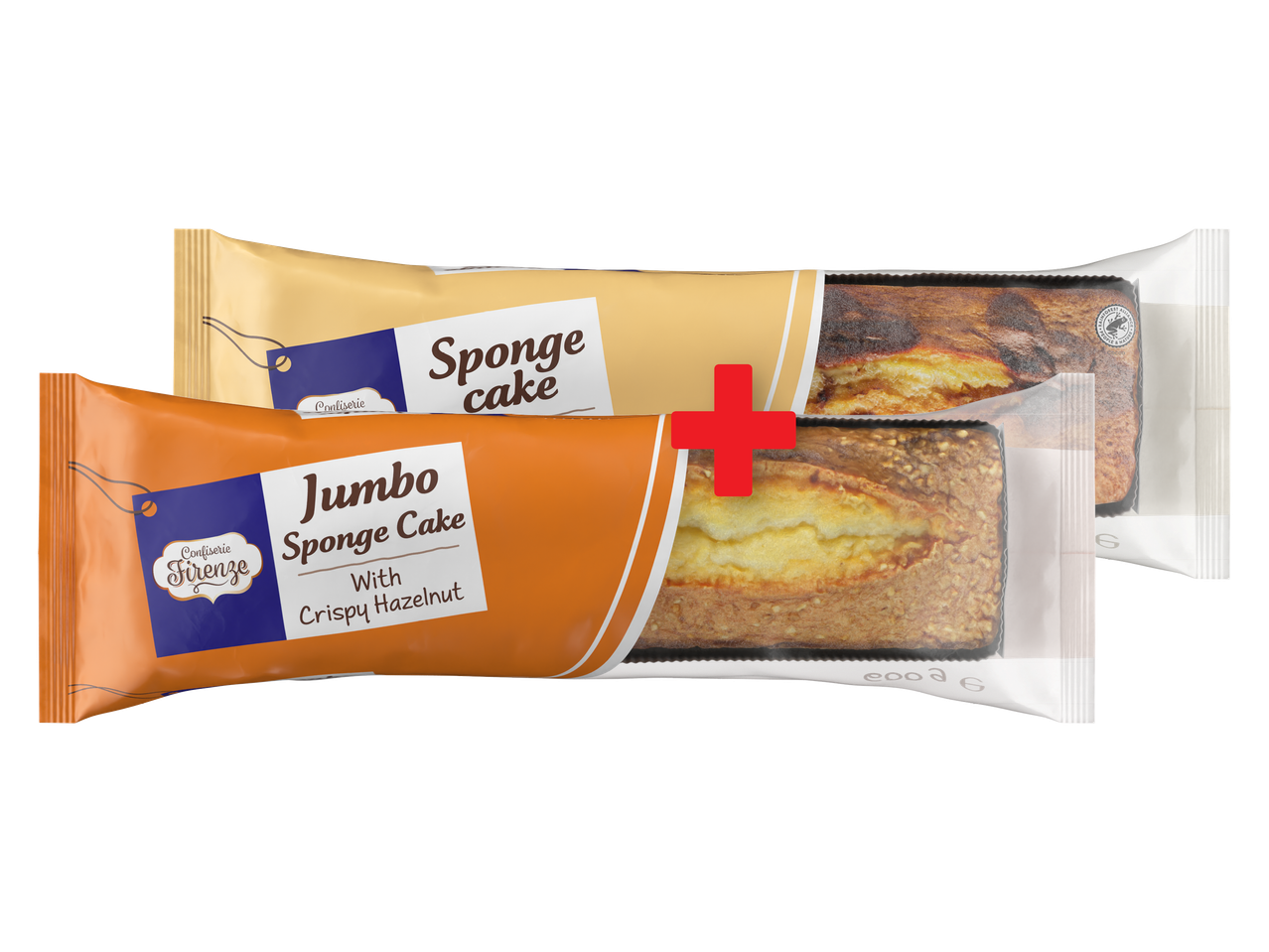 Два пакета кексчета, единият с надпис „Jumbo Sponge Cake With Crispy Hazelnut“, а другият „Sponge cake“.