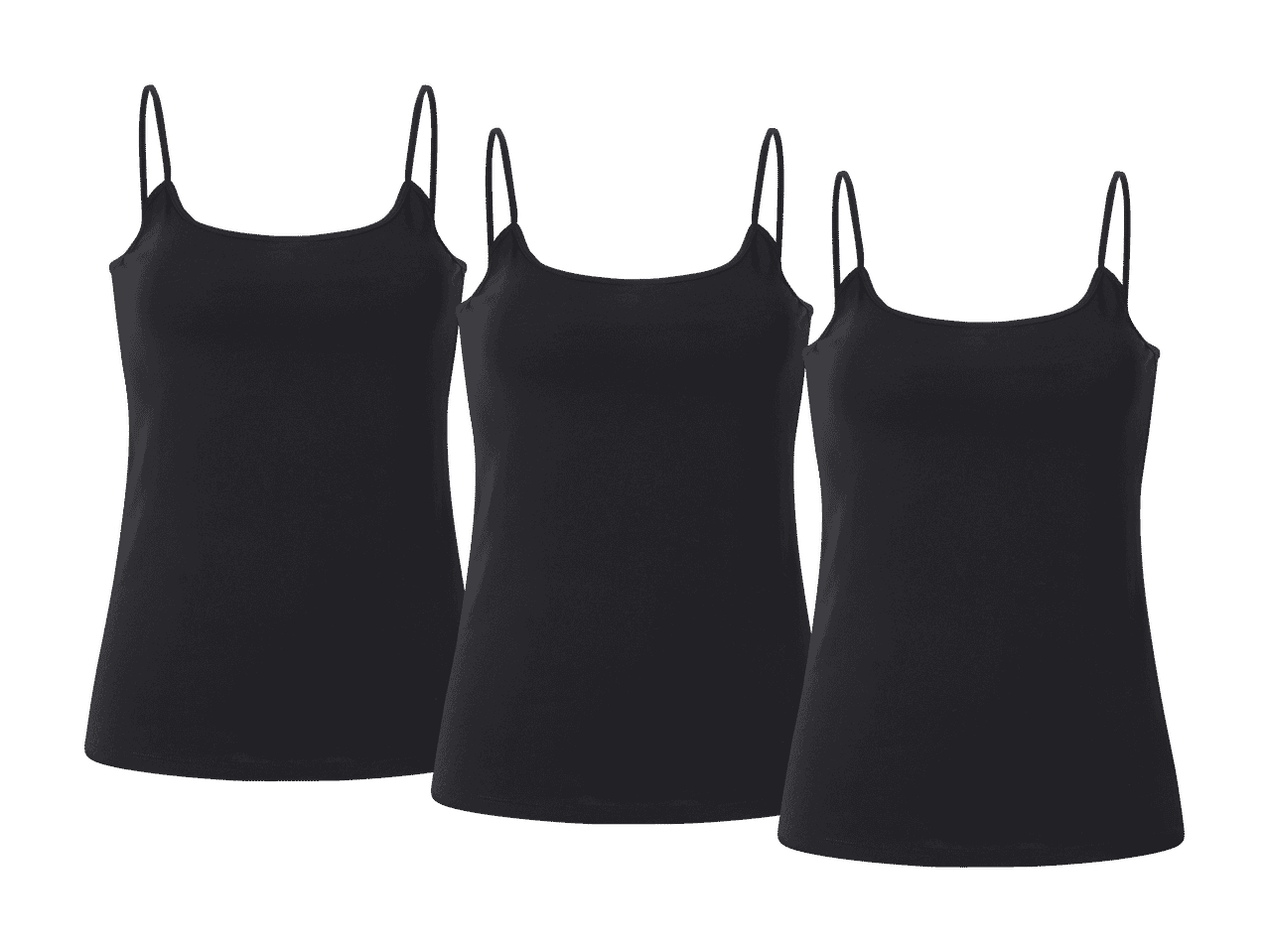 Tre sorte camisole-toppe med tynde stropper.