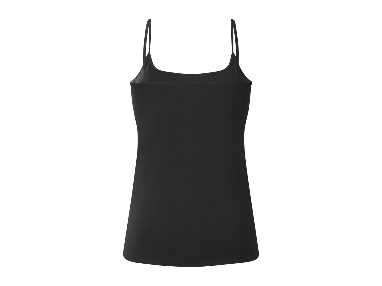 Black women's camisole with spaghetti straps, back view.