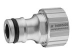 Silver metal garden hose connector with a black rubber ring.