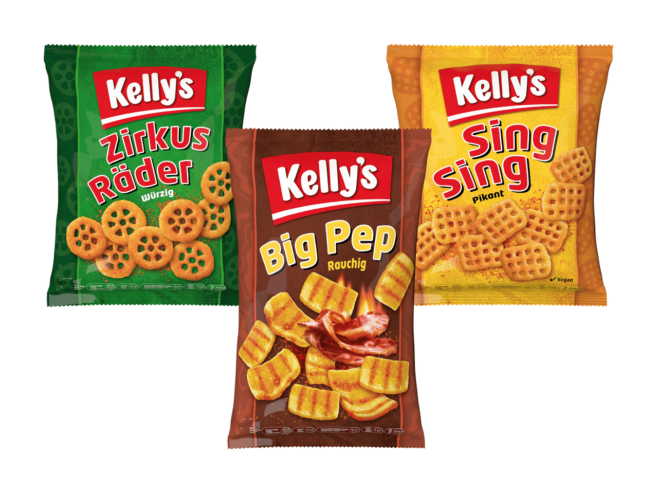 Drei Packungen Kelly's Chips: Zirkus Räder, Big Pep und Sing Sing.