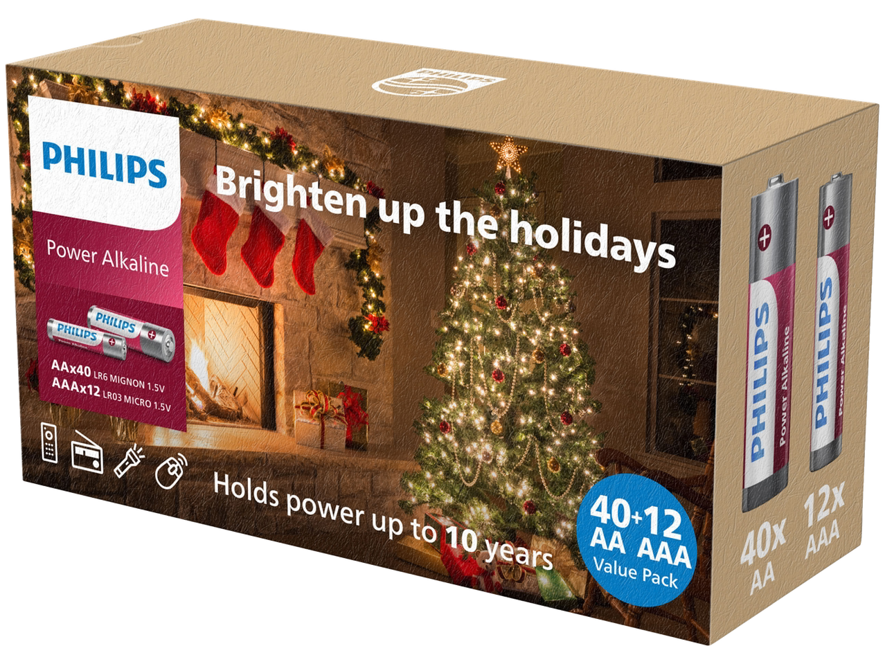 Philips Power Alkaline baterijas (40x AA, 12x AAA) svētku Ziemassvētku iepakojumā.