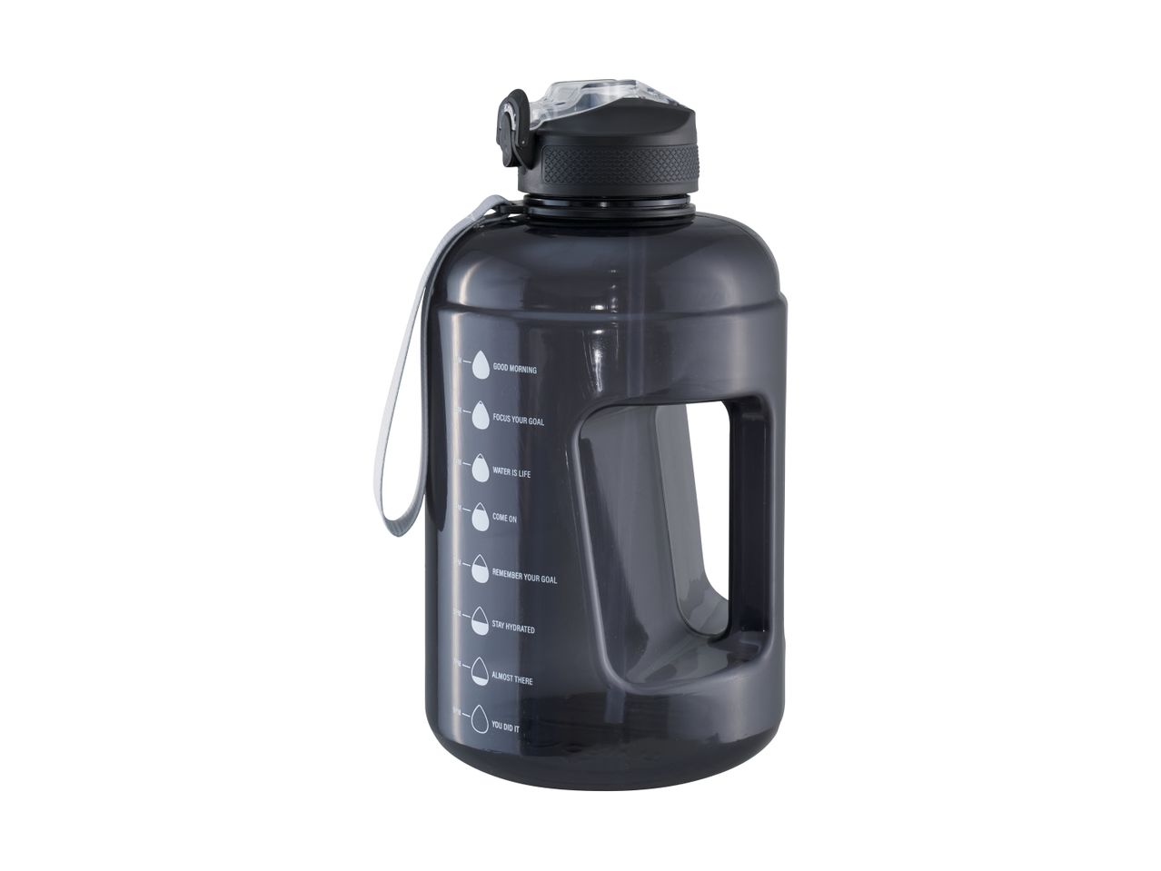 Dark gray water bottle with motivational time markers