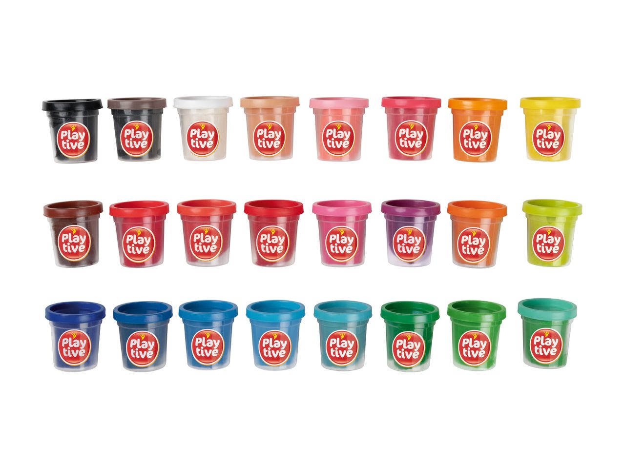 30 krukker Play-Doh modellervoks i forskellige farver.