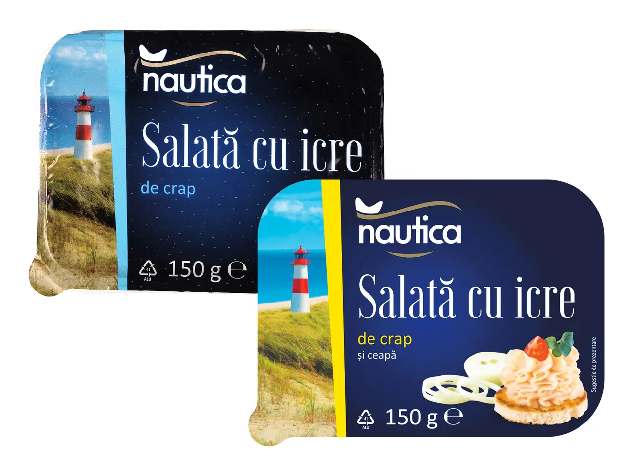 Două pachete Nautica de salată cu icre de crap, unul simplu și unul cu ceapă.