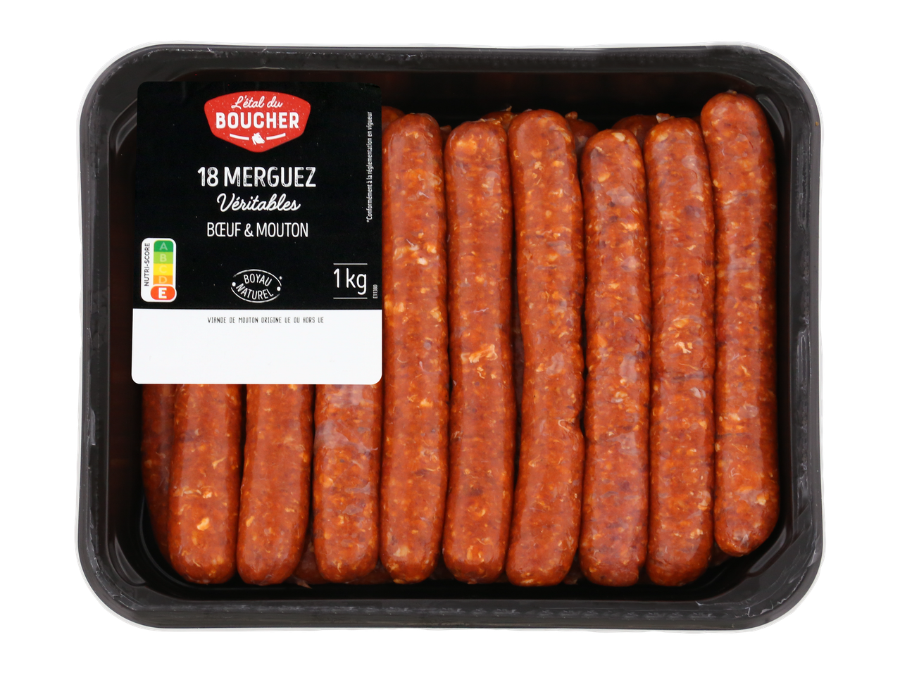 Barquette de 18 merguez de bœuf et de mouton, 1 kg, avec Nutri-Score E.