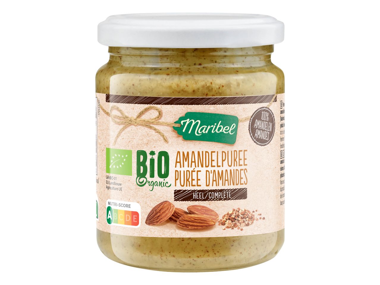 Pot de purée d'amandes bio Maribel avec la mention « 100% amandes » et le Nutri-Score A.