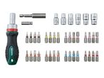 Screwdriver set with various bits, sockets, and adapters for different applications.