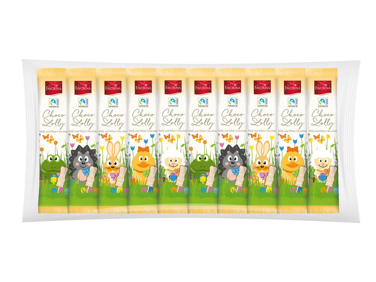 Favorina Choco Lolly piena un baltā šokolādes Lieldienu tematikā.