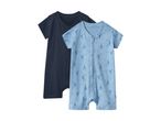 Two baby rompers, one dark blue and one light blue with a sailboat pattern.