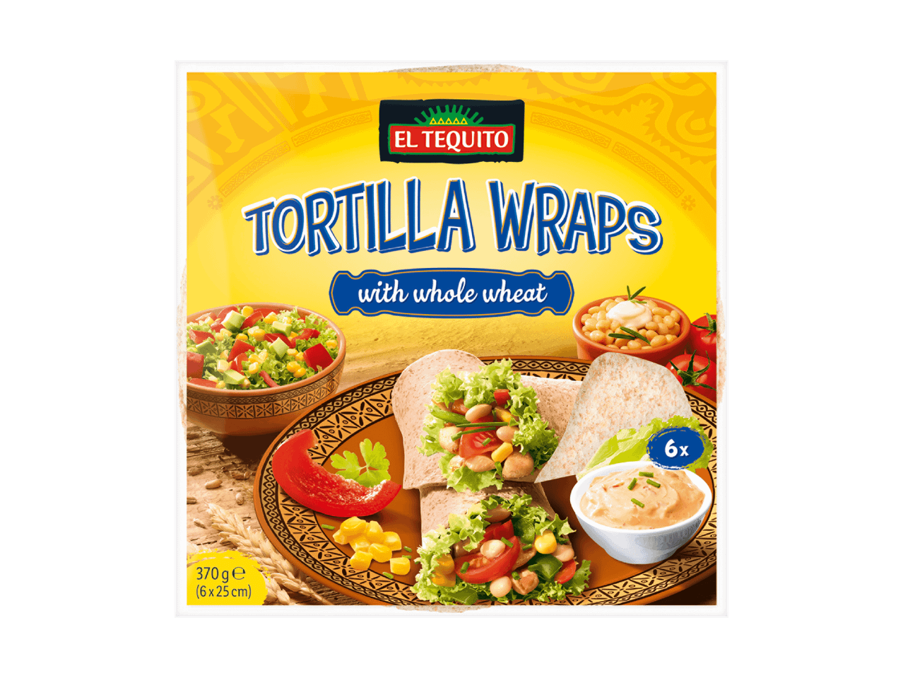 Confezione di tortilla wraps El Tequito con grano intero, con contorni e salse.