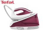 Red and white steam generator iron with a water tank and hose.