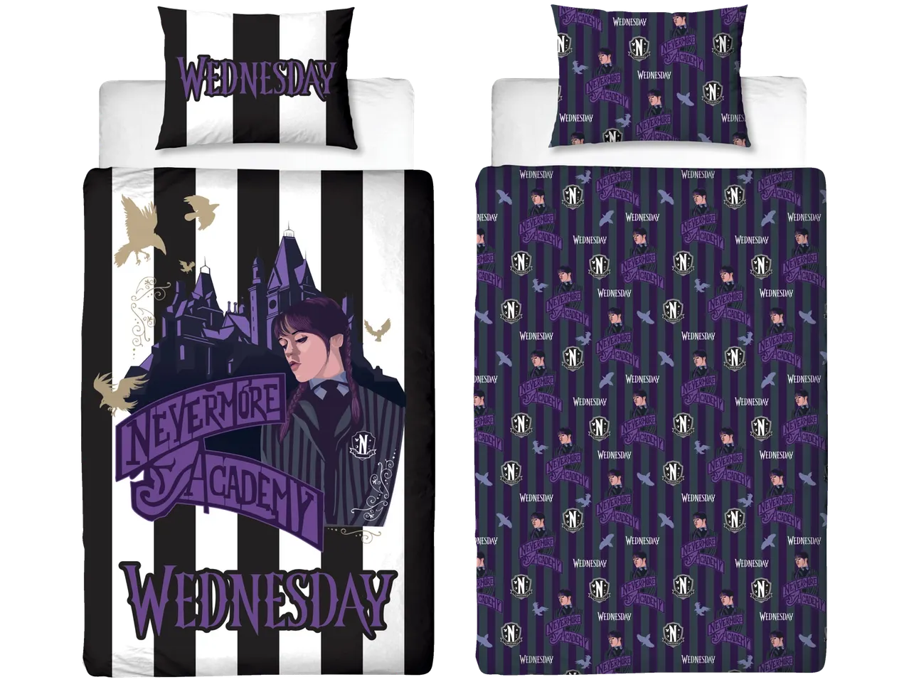 Posteljina s uzorkom Wednesday Addams iz serije Wednesday.