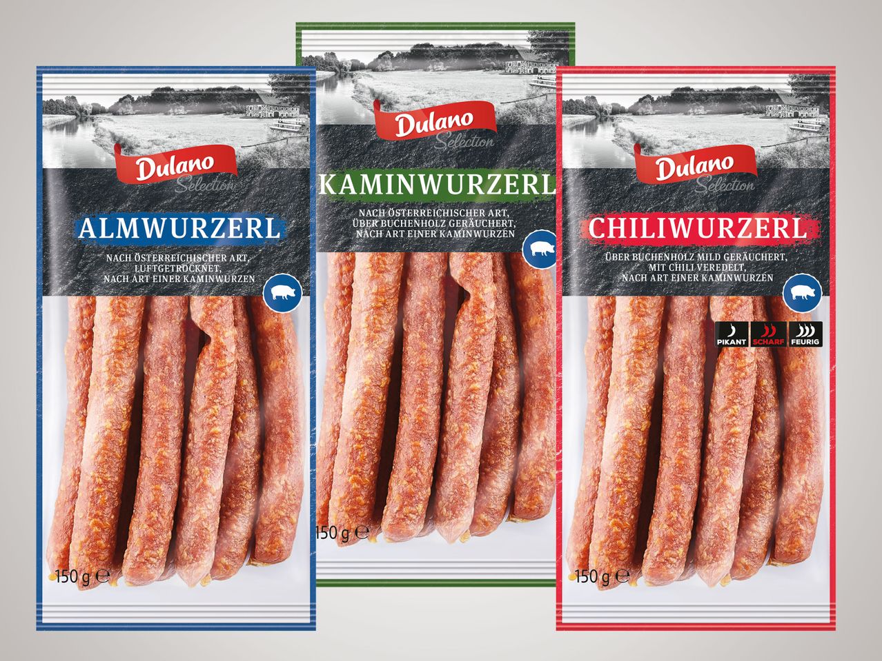 Dulano Selection: Almwürzerl, Kaminwürzerl, Chiliwürzerl Würstchen.